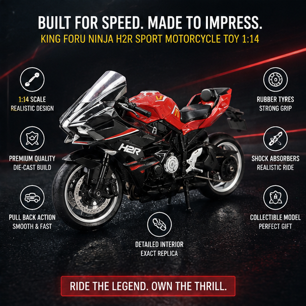 KING FORU Ninja H2R Sport Motorcycle Toy (1:14 Scale) - Red Die-Cast Bike with Realistic Design for Kids