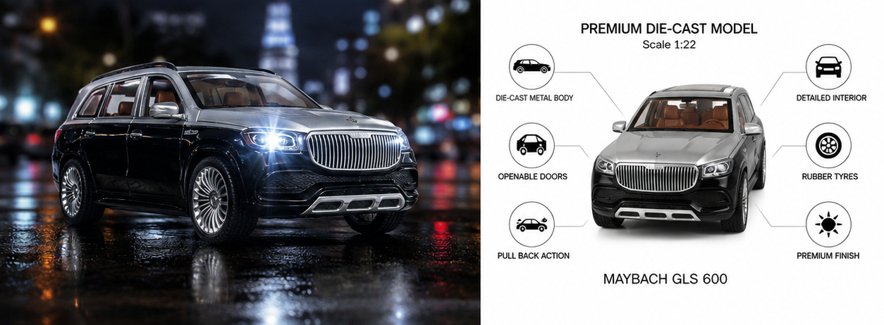 Maybach GLS 600 Die-Cast Model Car 1:22 Scale – Two-Tone Black & Silver Collectible Toy Car with Opening Doors