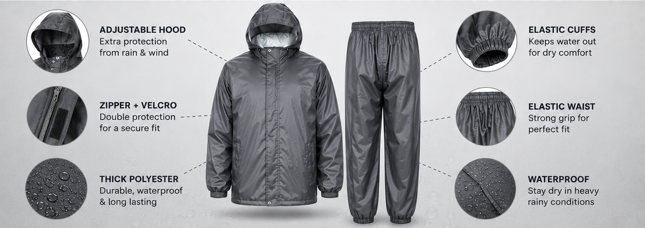 Waterproof Raincoat Jacket & Pant | Thick Polyester | Zipper + Velcro Closure