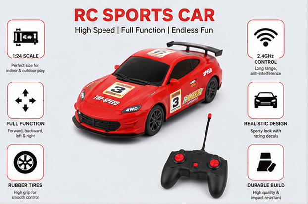 1:24 RC Sports Car Remote Control Racing Car for Kids | High-Speed Rechargeable Toy Car | Red