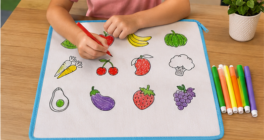 DIY Coloring Washable Sheet for Kids – Fruits & Vegetables Reusable Drawing Mat with 6 Washable Color Pens (34.5 × 35 cm)