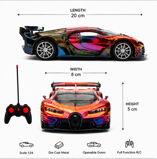 Remote Control Die-Cast Bugatti Vision GT Toy Car 1:24 Scale | Openable Doors | Metallic Multicolor