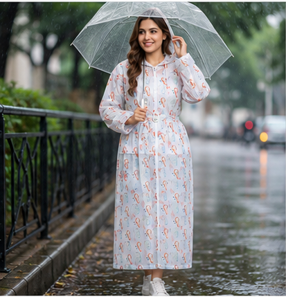 Women's Full Length Nylon Raincoat with Waist Belt & Half Zip | Waterproof Rain Wear