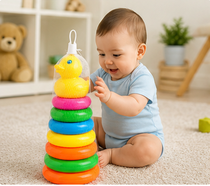 Colourful Baby Ring Stacking Toy with Duck | 7 Ring Educational Learning Toy for Toddlers | Fine Motor Skill Development | 30 cm