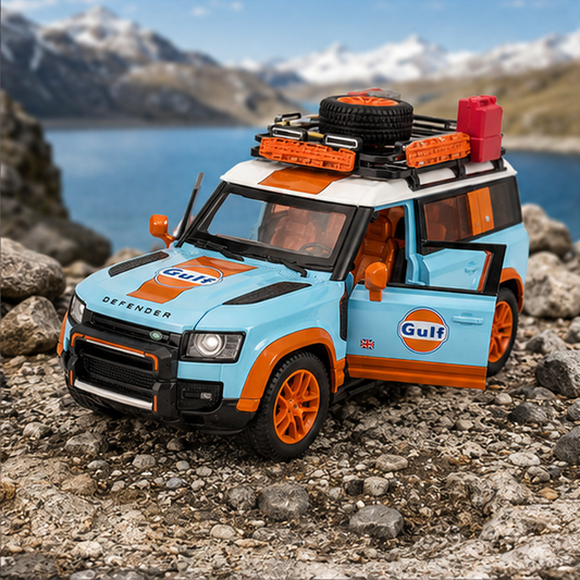Land Rover Defender Die Cast Toy Car 1:22 Scale – Gulf Blue & Orange | Openable Doors, Bonnet & Trunk | Metal Collectible Model