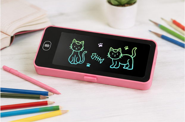 LCD Writing Tablet Pencil Case & Compass Box for Kids | Multipurpose Stationery Organizer (Random Color)