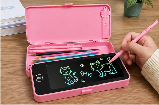 LCD Writing Tablet Pencil Case & Compass Box for Kids | Multipurpose Stationery Organizer (Random Color)