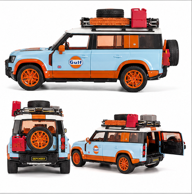 Land Rover Defender Die Cast Toy Car 1:22 Scale – Gulf Blue & Orange | Openable Doors, Bonnet & Trunk | Metal Collectible Model