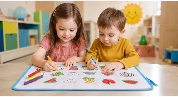 DIY Coloring Washable Sheet for Kids – Fruits & Vegetables Reusable Drawing Mat with 6 Washable Color Pens (34.5 × 35 cm)