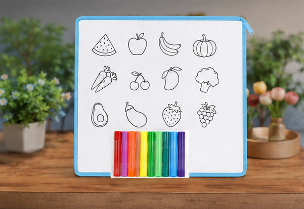 DIY Coloring Washable Sheet for Kids – Fruits & Vegetables Reusable Drawing Mat with 6 Washable Color Pens (34.5 × 35 cm)