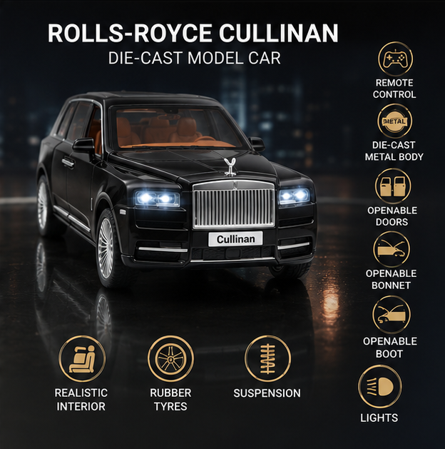 Rolls-Royce Cullinan Die-Cast Model Car 1:24 Remote Control | Opening Doors, Hood & Trunk | Black