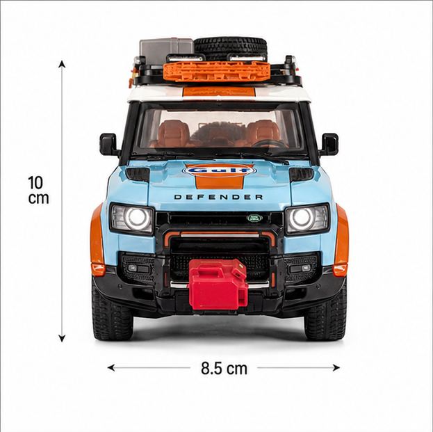 Land Rover Defender Die Cast Toy Car 1:22 Scale – Gulf Blue & Orange | Openable Doors, Bonnet & Trunk | Metal Collectible Model