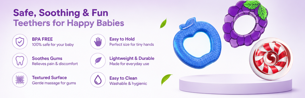 BPA-Free Baby Silicone Teethers(Pack of 3) – Grape, Apple & Candy Shapes | Soft Infant Teething Toy