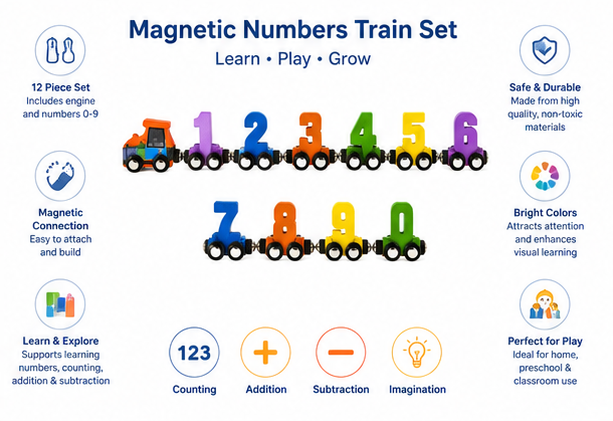 Magnetic Numbers Train Set for Kids – 12 Piece Educational Math Learning Toy