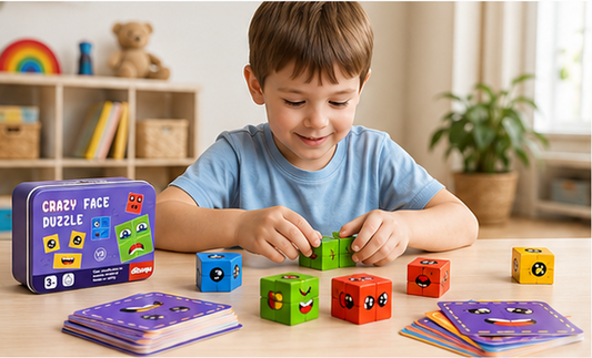 Crazy Face Wooden Puzzle Game for Kids – Educational Brain Teaser with Wooden Cubes & Challenge Cards