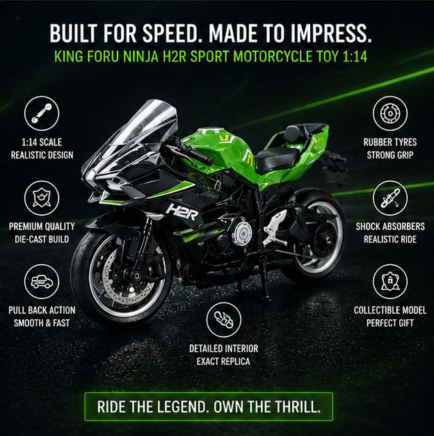 KING FORU Ninja H2R Sport Motorcycle Toy (1:14 Scale) - Green Die-Cast Bike for Kids & Collectors