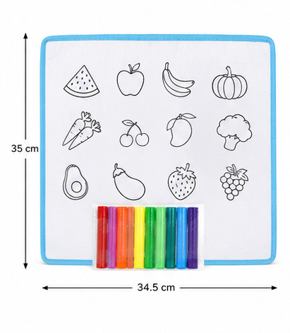 DIY Coloring Washable Sheet for Kids – Fruits & Vegetables Reusable Drawing Mat with 6 Washable Color Pens (34.5 × 35 cm)
