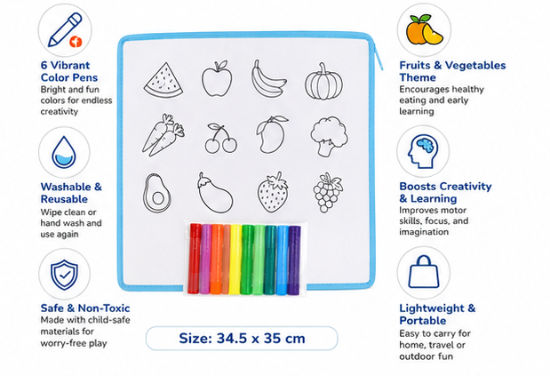 DIY Coloring Washable Sheet for Kids – Fruits & Vegetables Reusable Drawing Mat with 6 Washable Color Pens (34.5 × 35 cm)