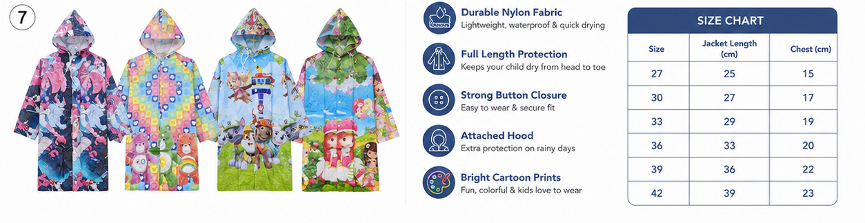 Kids Cartoon Printed Full Length Rain Suit – Waterproof Durable Nylon Raincoat with Hood(4-12 years)