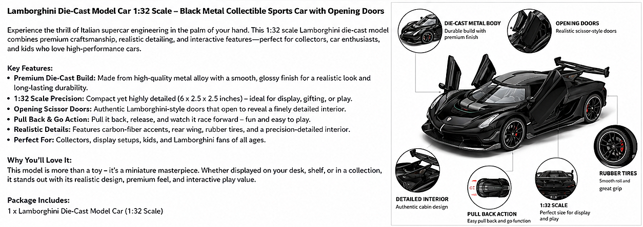 Lamborghini Die-Cast Model Car 1:32 Scale – Black Metal Collectible Sports Car with Opening Doors