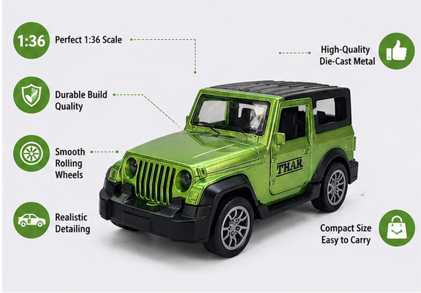 Thar 1:36 Scale Die-Cast Toy Car with Openable Doors – Green